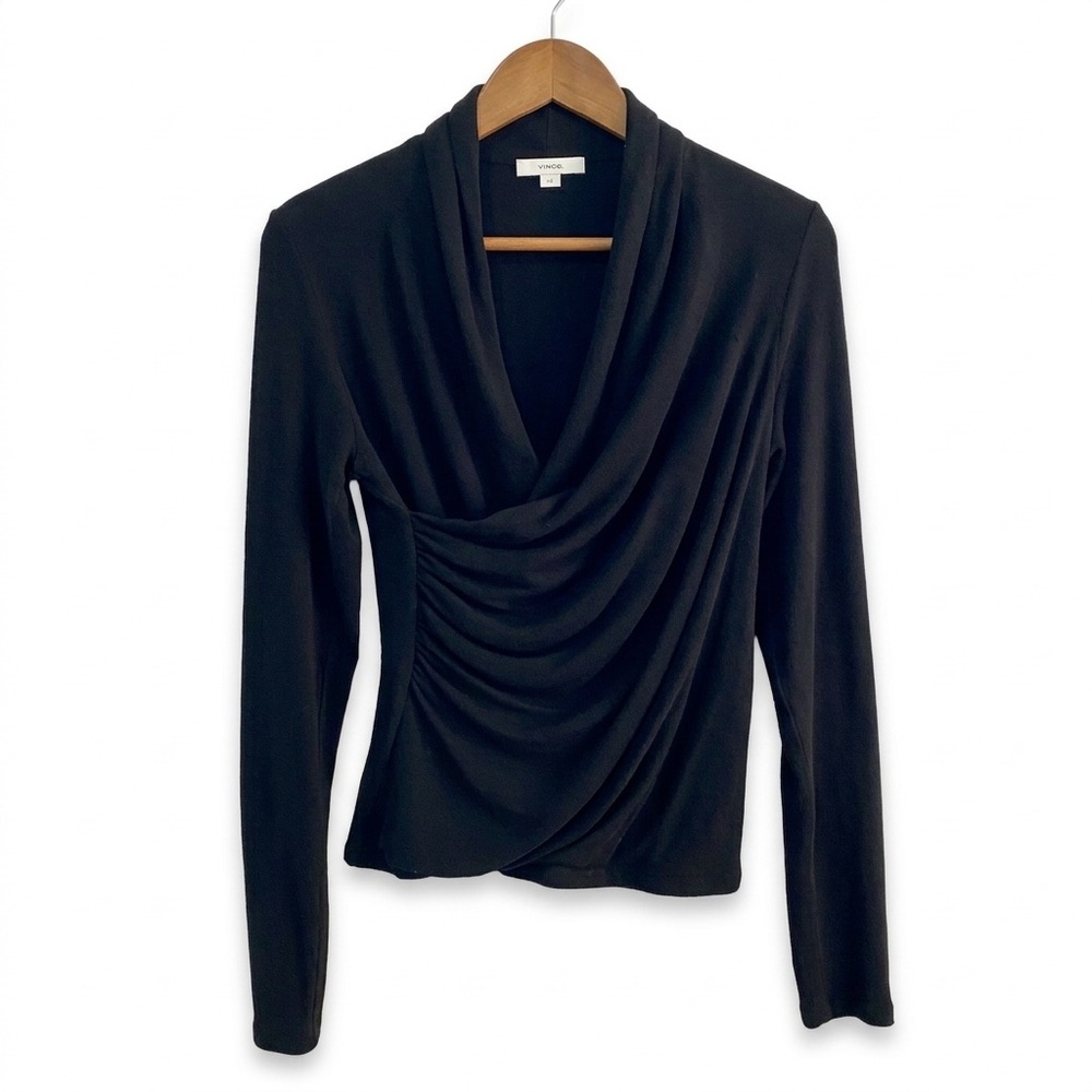 Vince Black Lyocell Drape Front Ruched Long Sleeve Top Size Large L